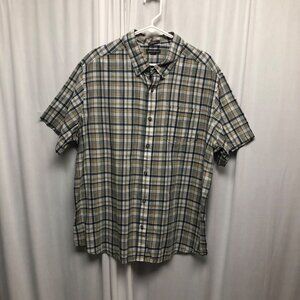 Eddie Bauer Plaid Short Sleeve Shirt Mens Size 2XL Beige Blue Cotton Classic Fit